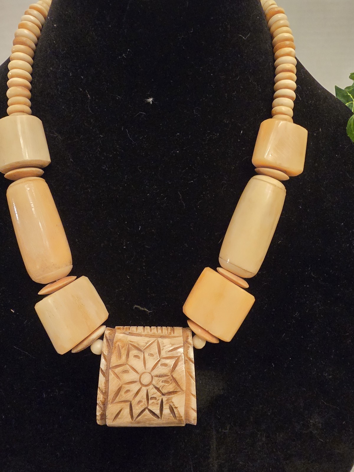 Vintage Kenya Hand-Carved Beaded Tribal Boho Necklace with Large Pendant 22″