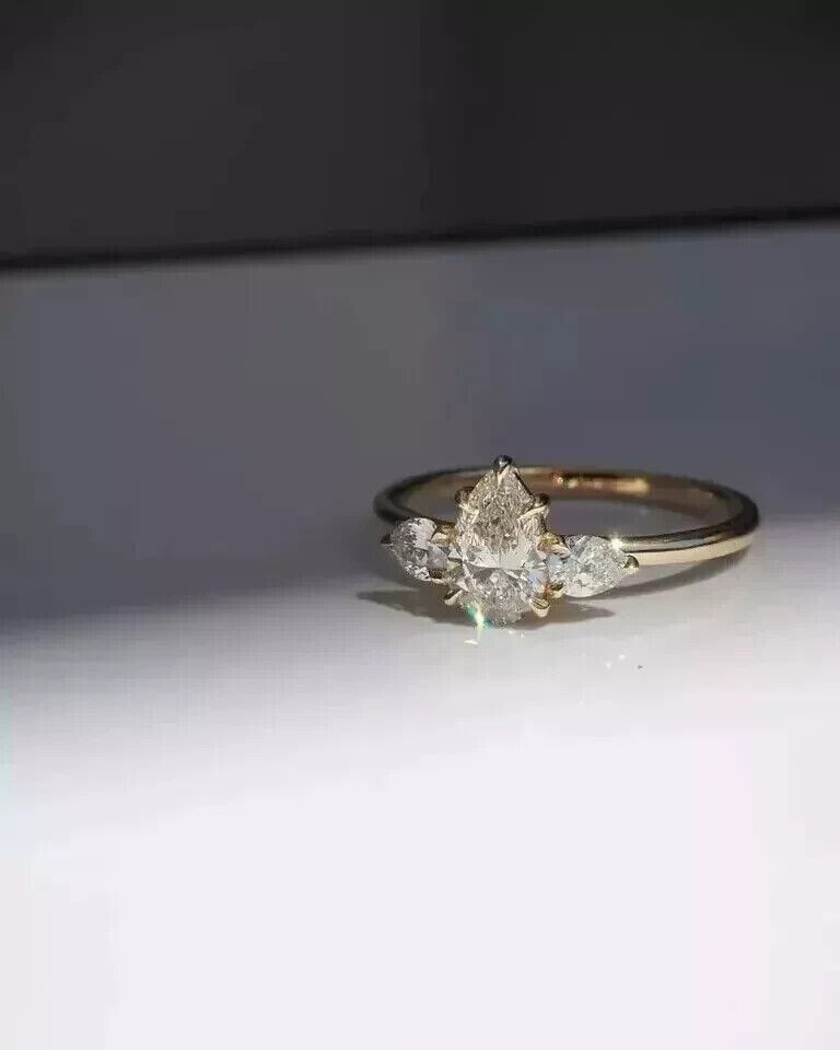 Three Stone Promise Ring 2CT Pear Cut Simulated Diamond 14K Yellow Gold Plated
