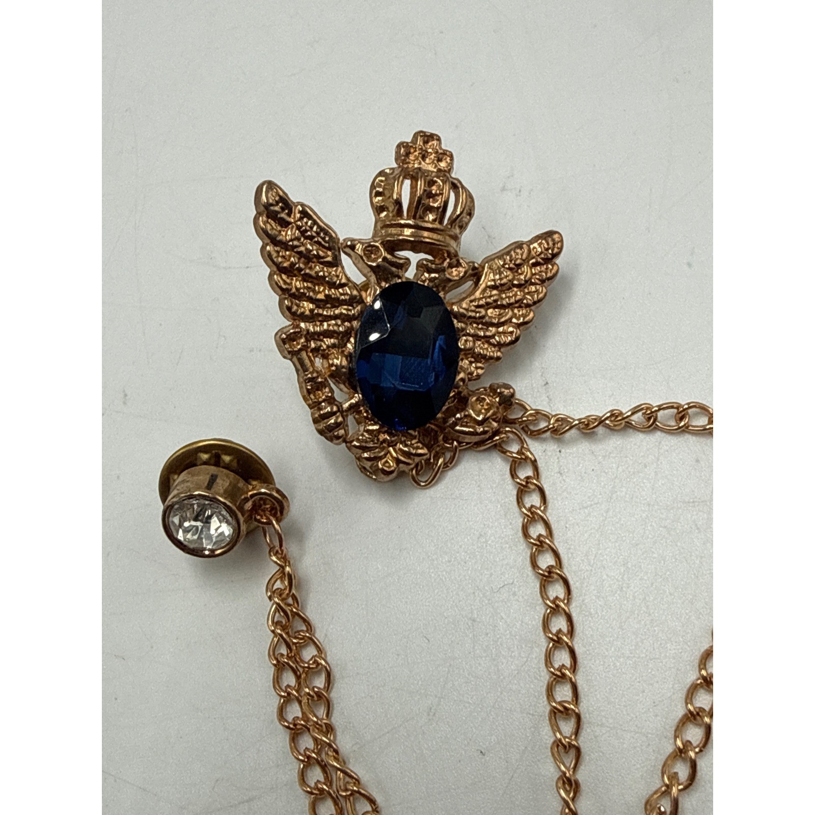 Gold Tone Double Headed Eagle Crown Lapel Pin Blue Stone Rhinestone Chain Brooch