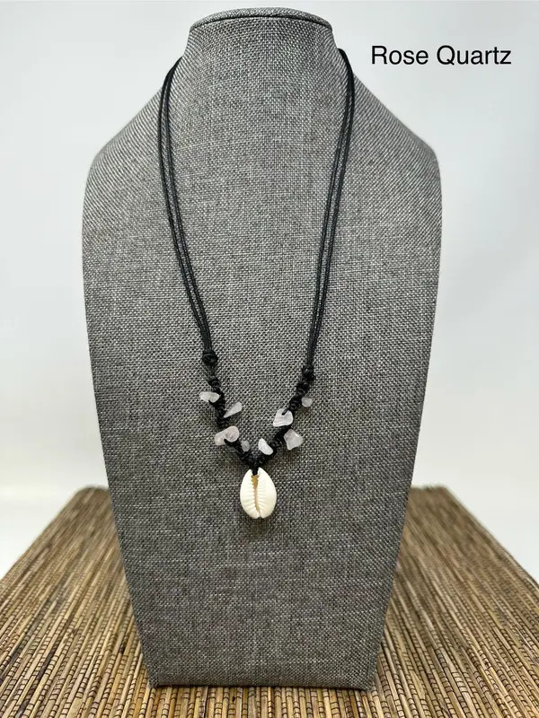 Cowrie Shell Necklace Gemstone Beads Adjustable Black Cord Boho Beach Unisex