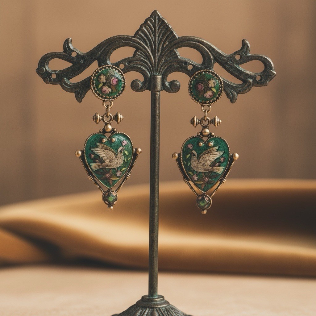 Museum Bird Dove Earrings Heart Ornate Flower VTG Palace Gold Court Love Green
