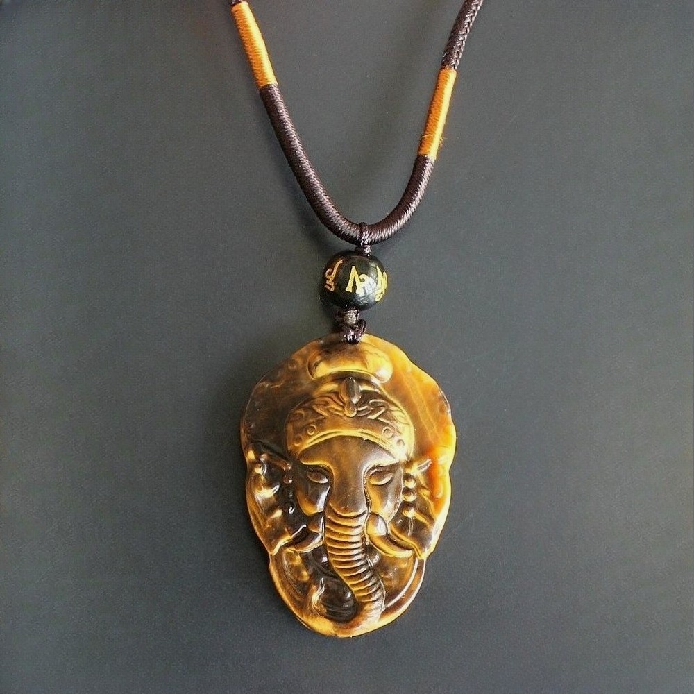 Natural crystal gemstone gold tiger eye Ganesha necklace pendant with rope chain