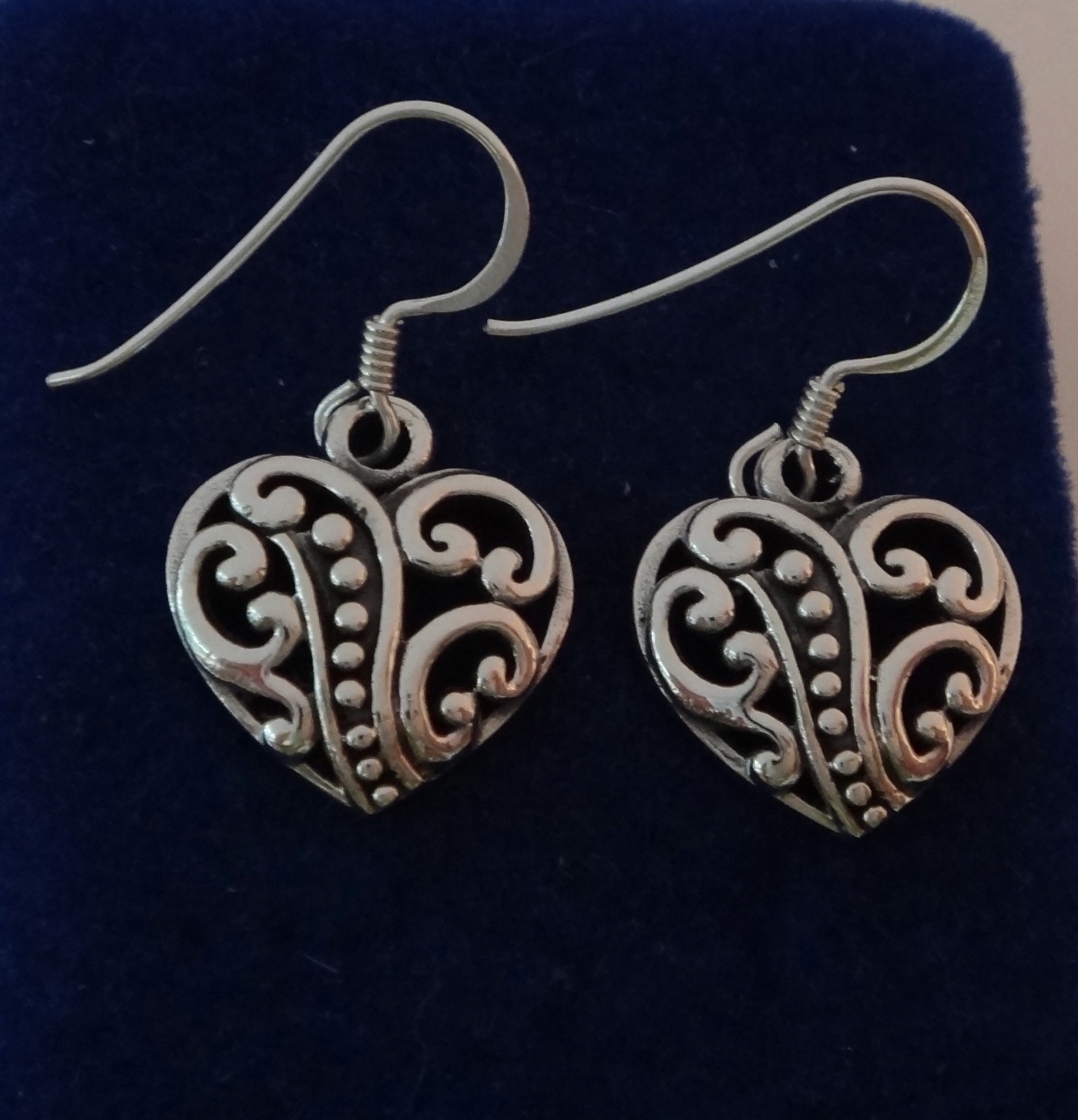 Sterling Silver Cut Out Lace Heart 30x15mm Dangle hook Wire Earrings