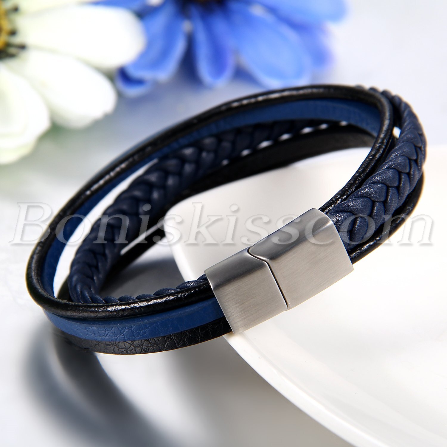 Men’s Multilayer Braided Wheat Leather Stainless Steel Buckle Bracelet Wristband
