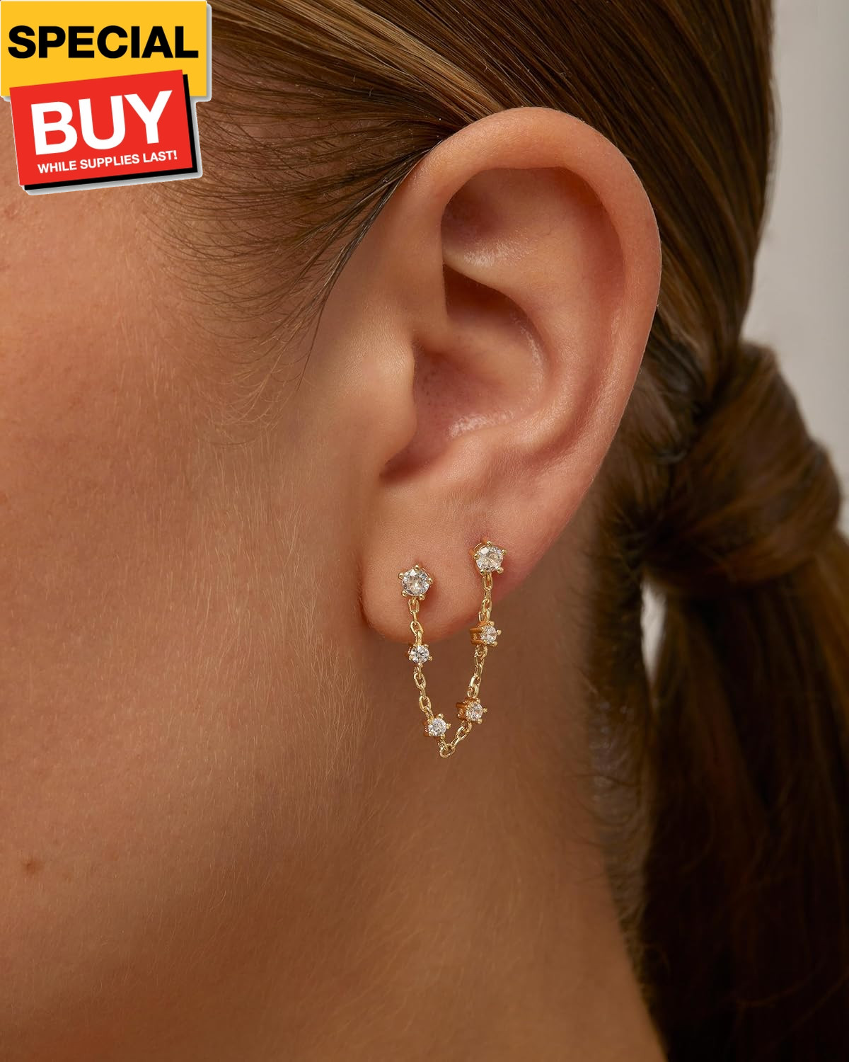 14K Gold Plated Delicate CZ Chain Earrings for Women – Double Piercing Dangle Ch