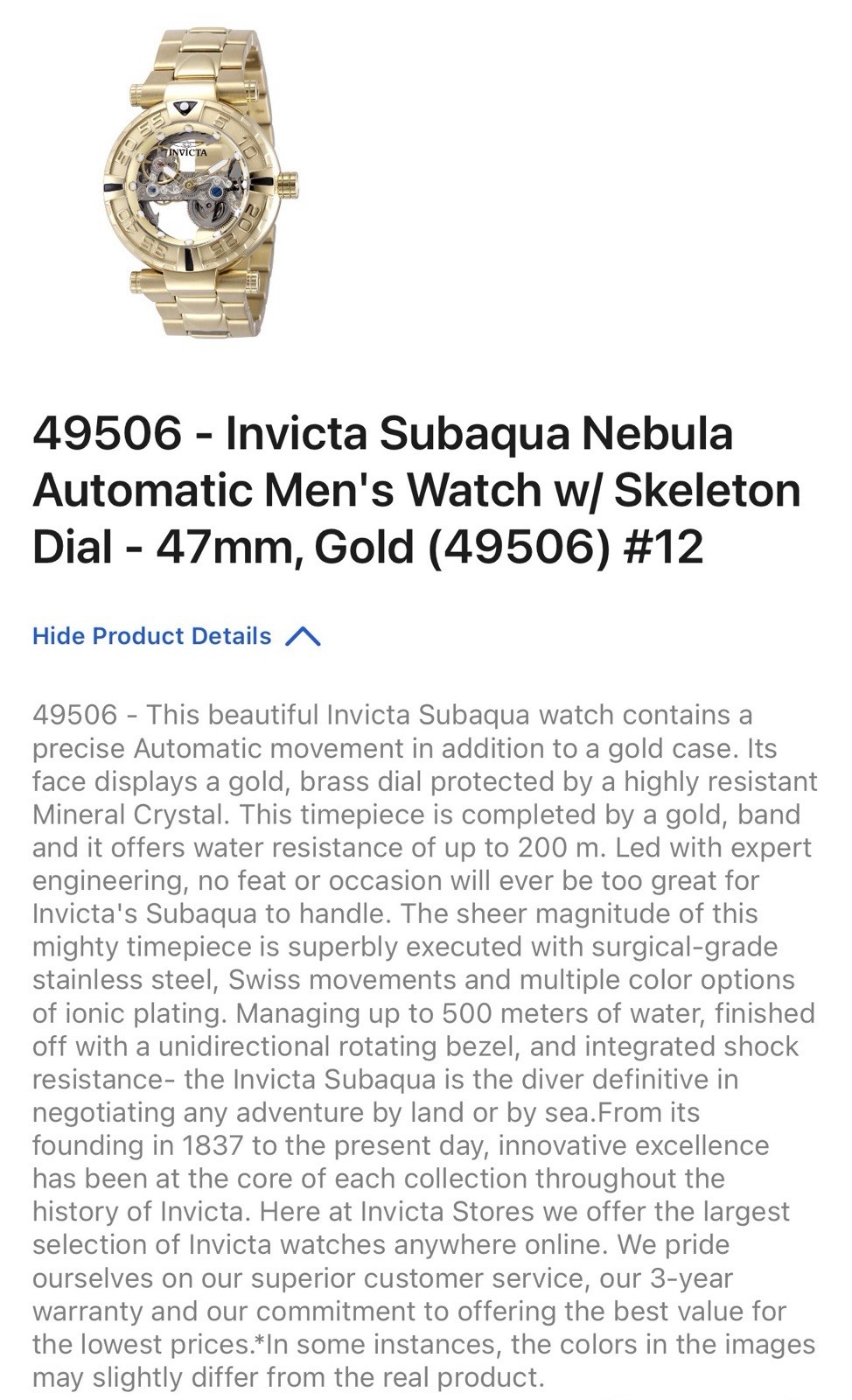 🔥Invicta Subaqua Nebula AUTOMATIC 47mm Gold tone Skeleton Dial Mens Watch 49506