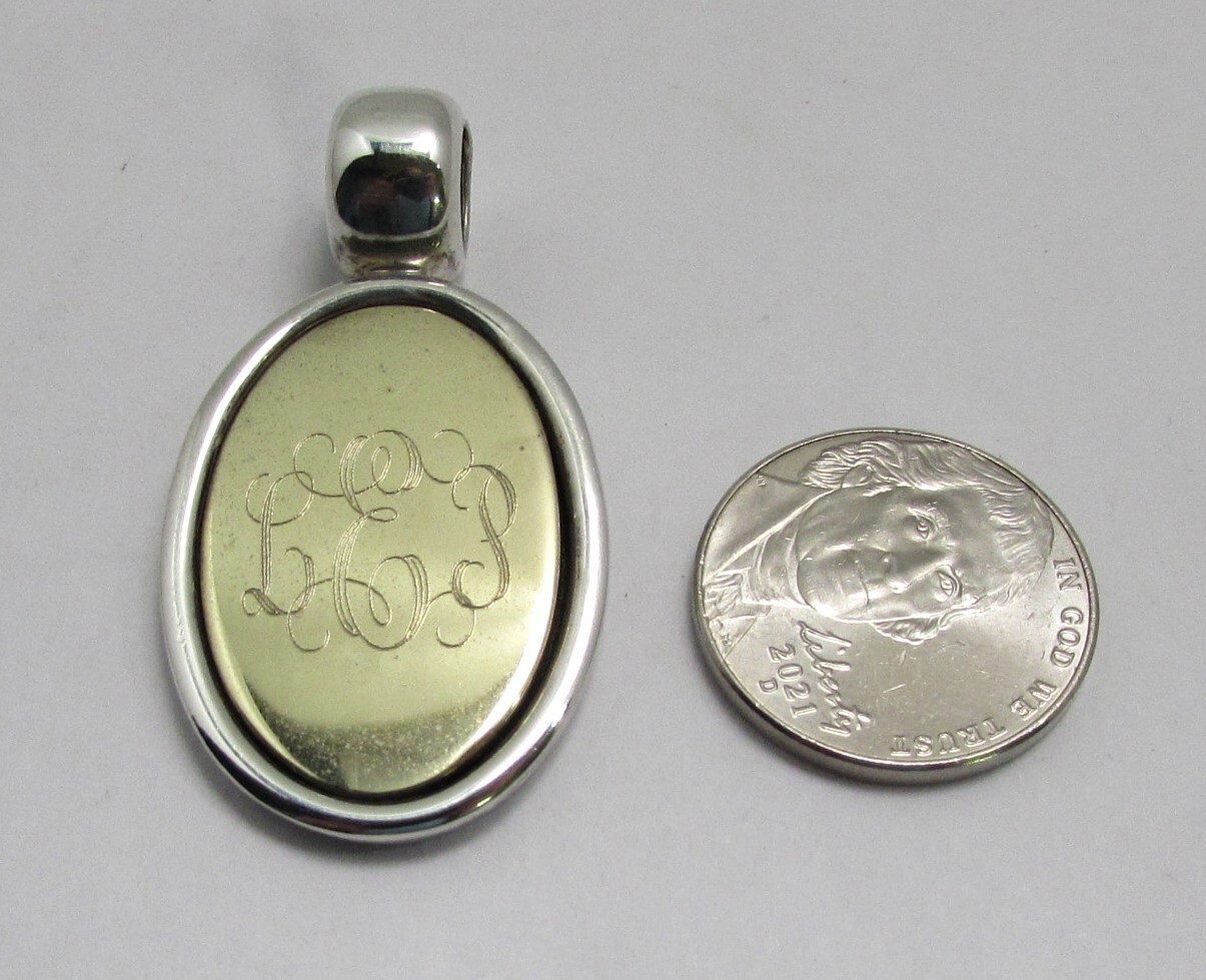 Vtg Two Tone 925 Solid Engraved Oval Slider Pendant Monogrammed- LPE/LEP 16g