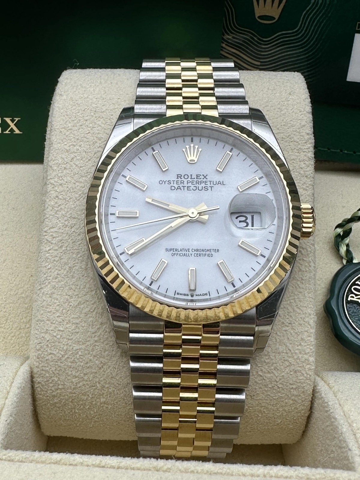 Rolex Datejust 36 126233 18K Fluted White Dial Jubilee Box Papers FULL STICKERS