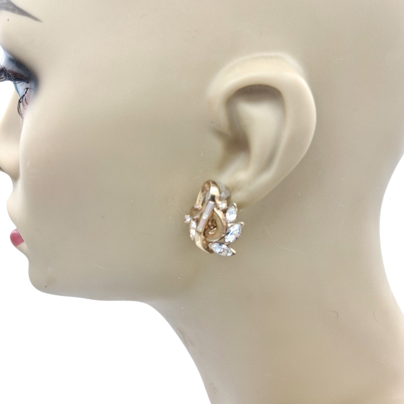 Vintage Crown Trifari Alfred Philippe Rhinestone Clip Earrings Gold Tone Swirl