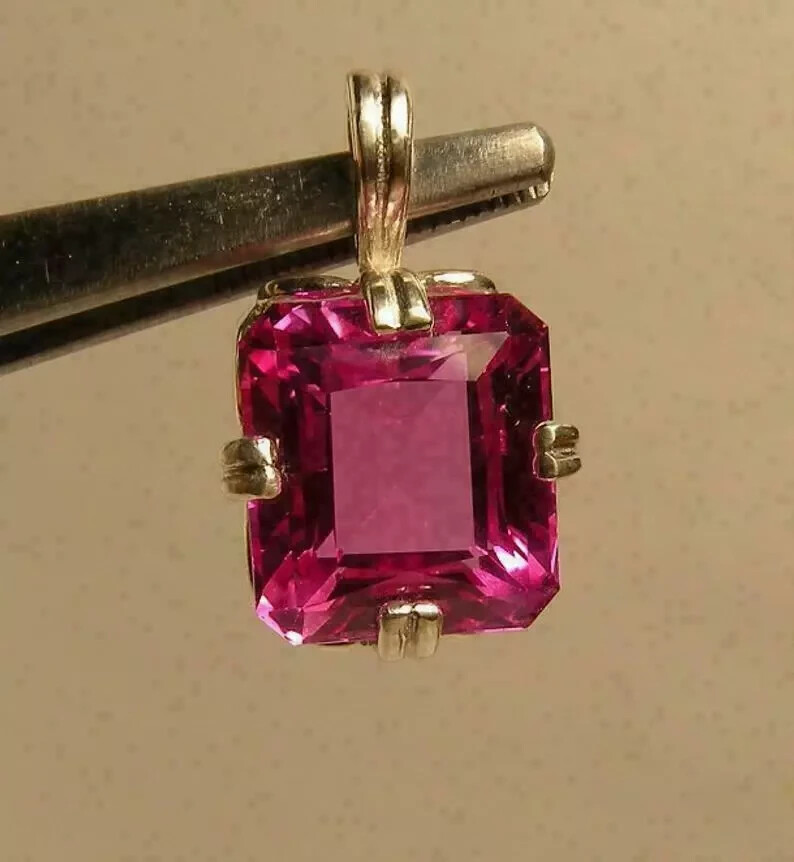 4Ct Asscher Cut Pink Sapphire Solitaire Pendant 14K Yellow Gold Over Free Chain