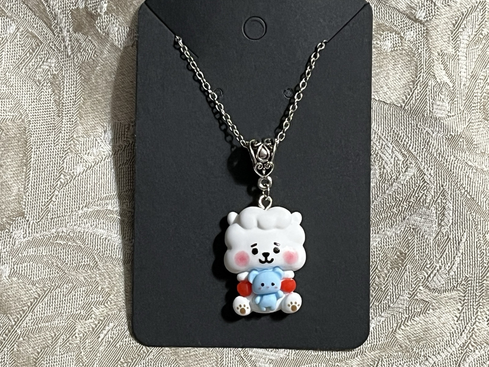 K POP Anime Cartoon Emojis Character Silver Resin Charm Pendant Necklace 18”