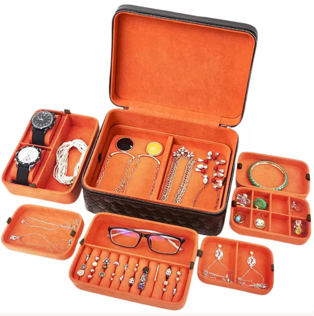 Black and Orange LED Light Luxury Travel Jewelry Case Organizer Genuine Leather