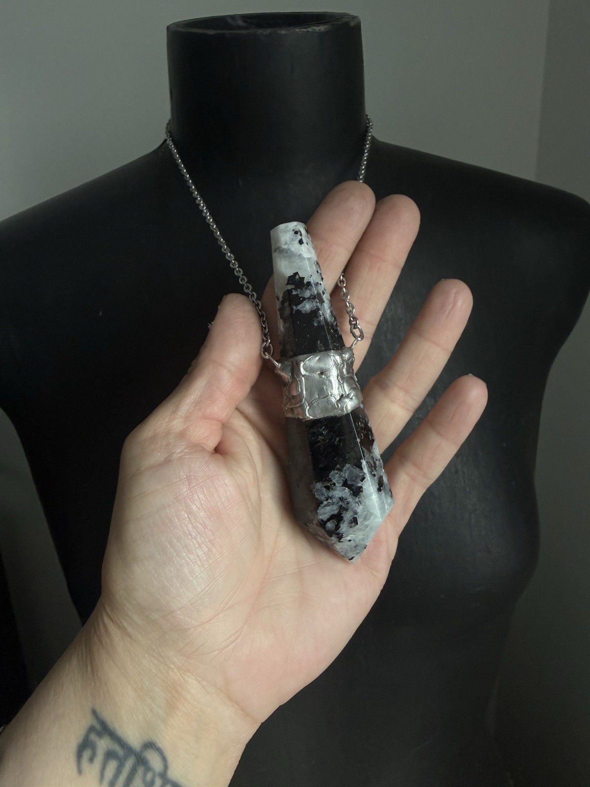 Moonstone black tourmaline crystal necklace pendant talisman statement jewelry