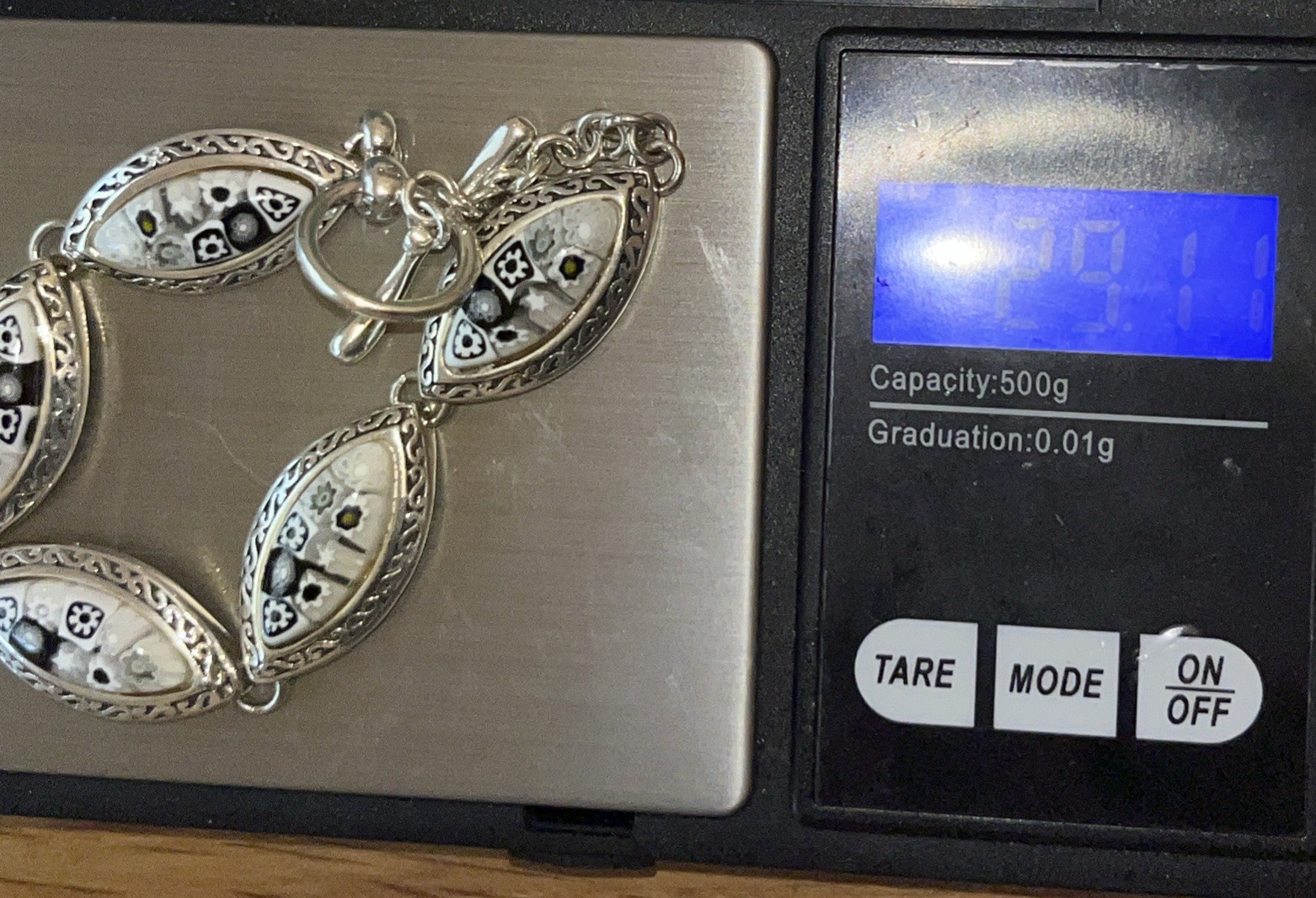 Sterling Silver 925 Millefiori Glass Floral Toggle Closure Bracelet Stamped
