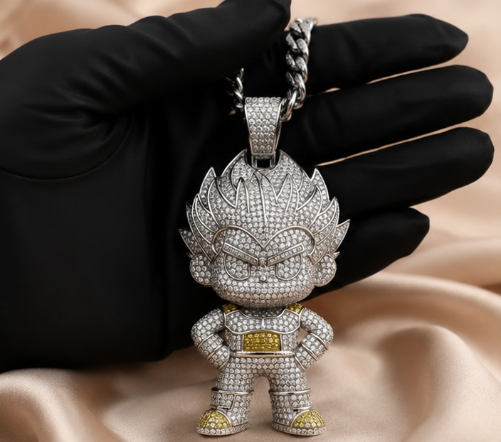12Ct Moissanite Anime Warrior Pendant – 14K White Gold Plated Hip Hop Charm