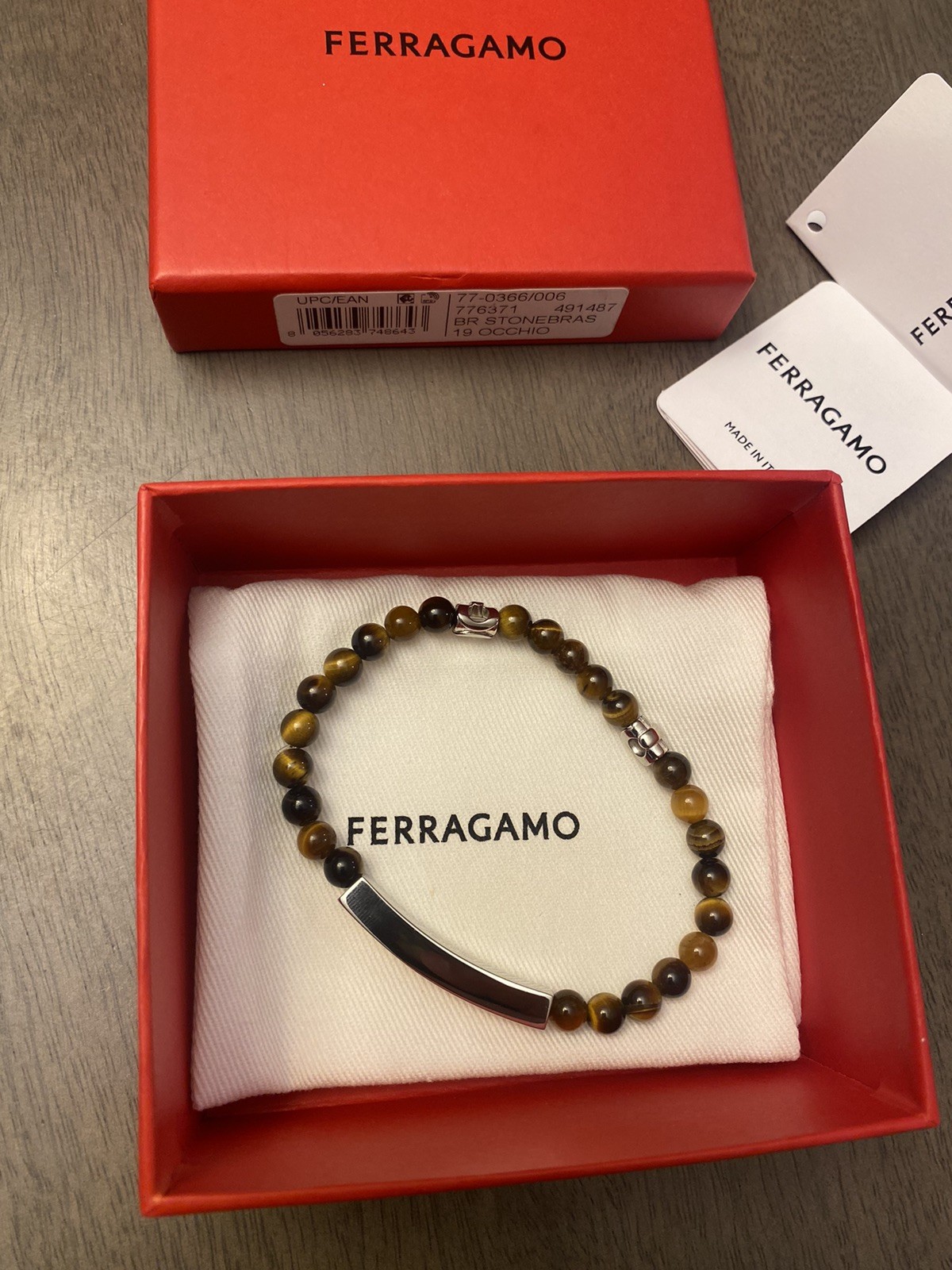 Ferragamo Mens Semi-Precious Tiger Eye Stones Logo Stretch Bracelet 19 NEW