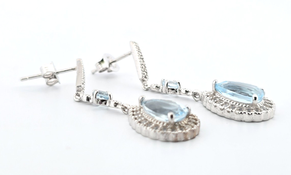 Sterling Silver 925 Blue Topaz White Sapphire Dangle Earrings Elegant Drop 1.25″