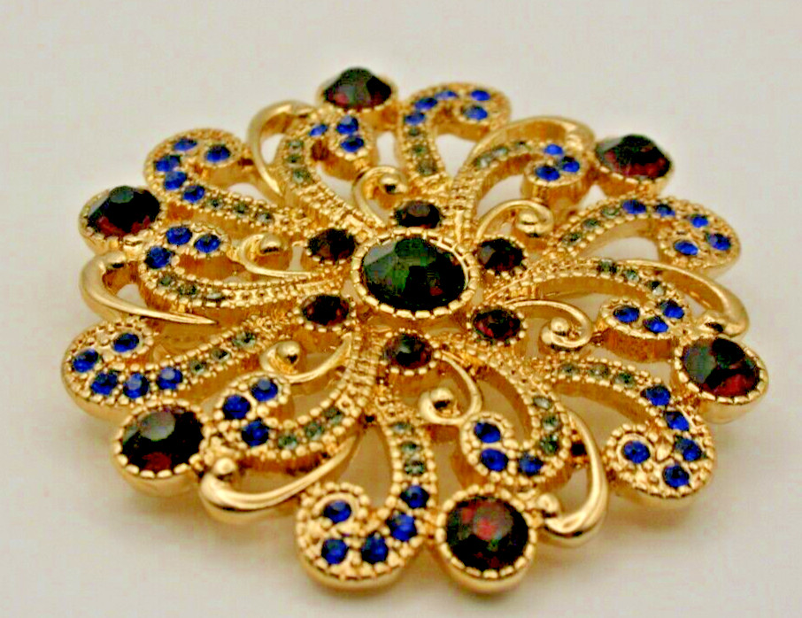 Vintage Monet Signed Starburst Brooch Purple & Blue Rhinestones 2 1/4″ – MCM
