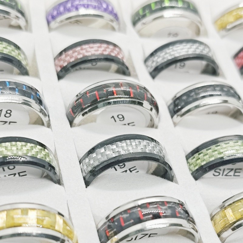 36 Pcs 8mm Carbon Fiber Stainless Steel Rings Inner Arc Unisex Stackable Jewelry