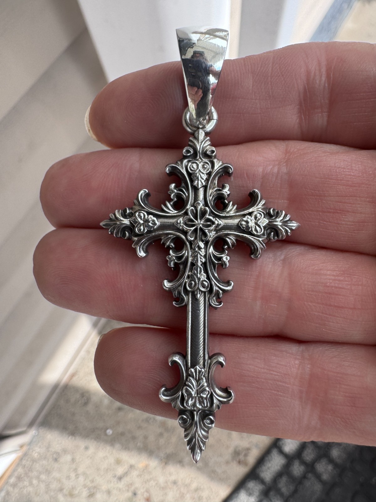 Oxidized Gothic Cross Charm Pendant 2.5″ Polished Solid Sterling Silver .925