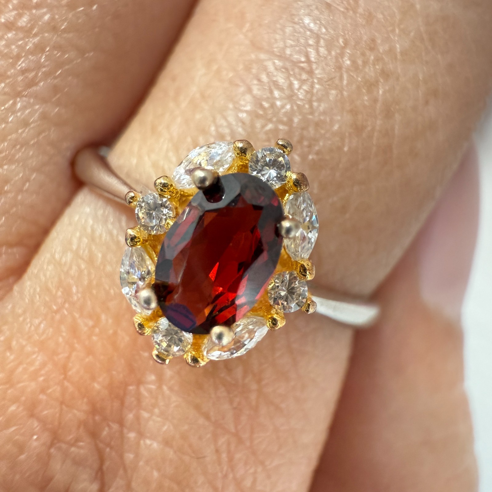 925 Sterling Silver Ring 6x4mm Natural Rhodolite Garnet Gemstone Zircon Red Gift