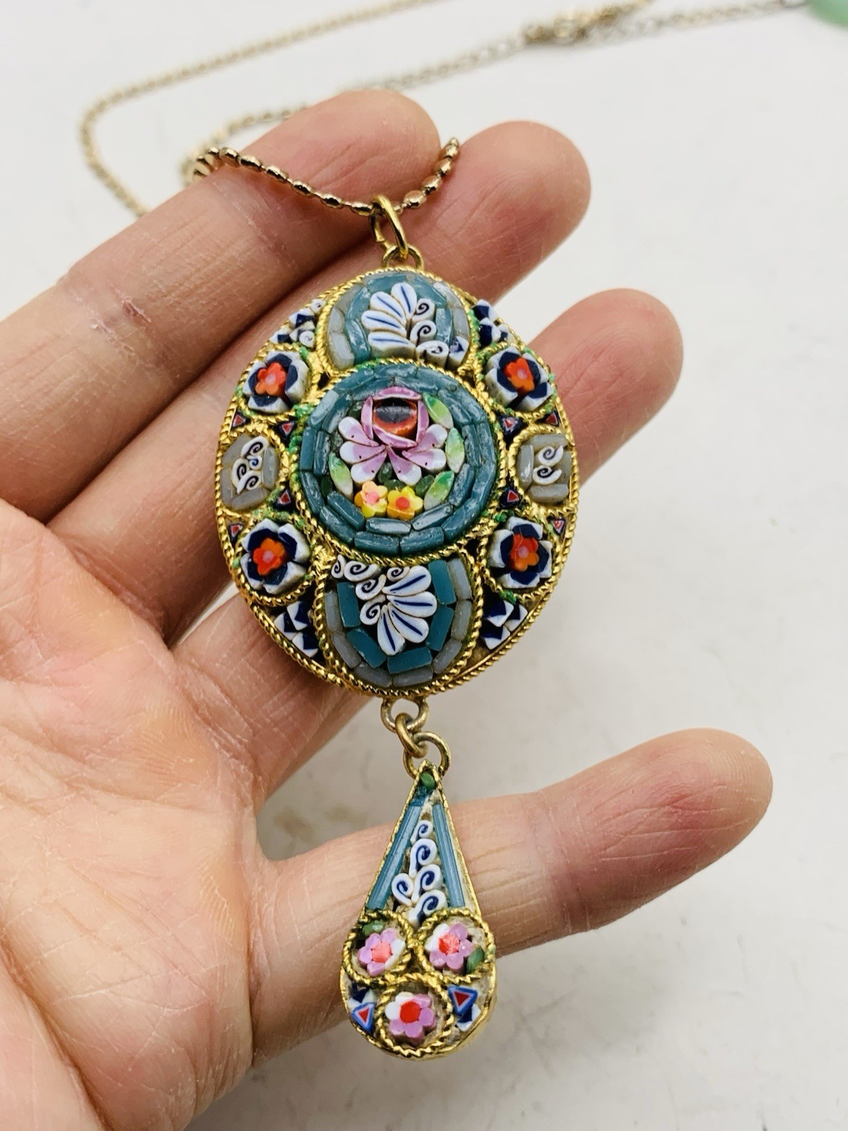 Vintage Colorful Boho Italian Micro mosaic Millefiori Floral Gold Tone Necklace