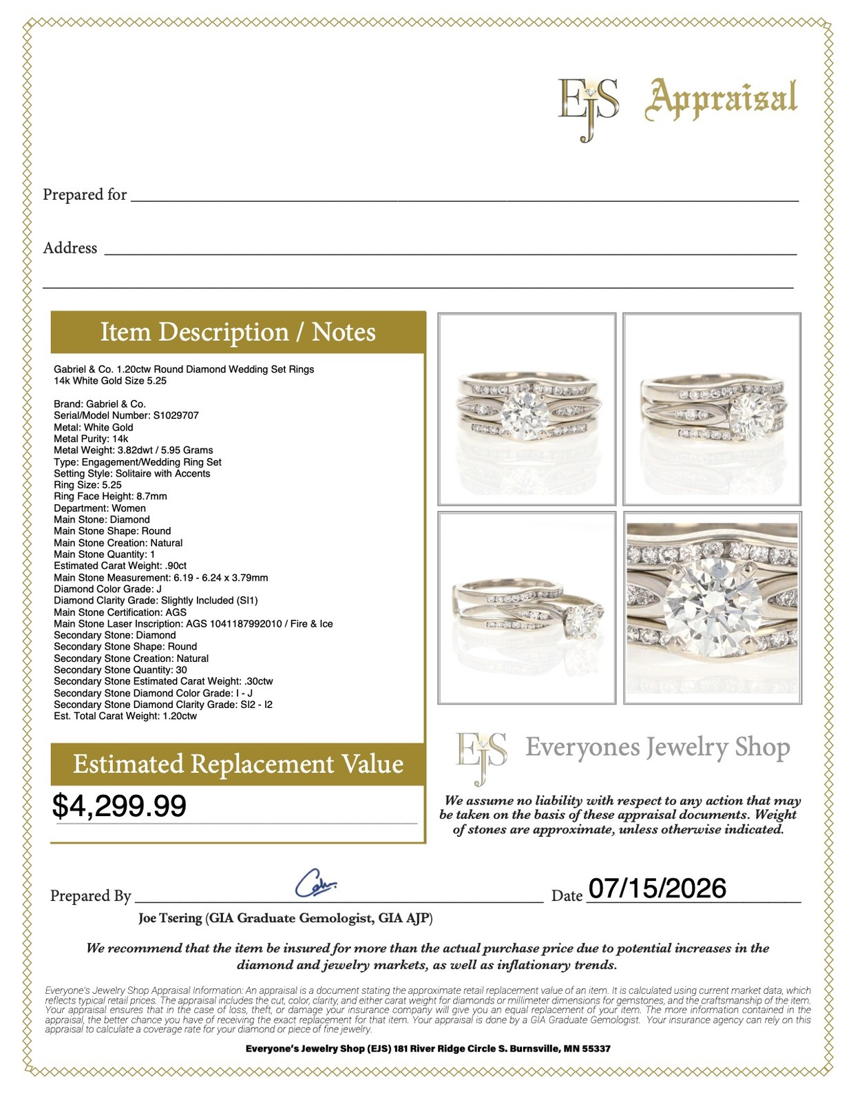 Gabriel & Co. 1.20ctw Round Diamond Wedding Set Rings 14k White Gold Size 5.25