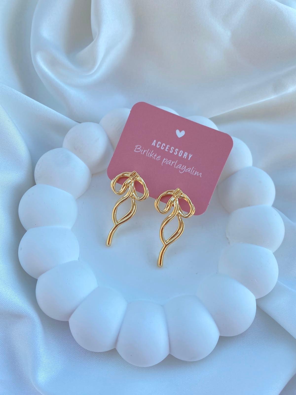 Handmade Gold Bow Earrings Women Wire Ribbon Stud Dangle Minimalist Trendy
