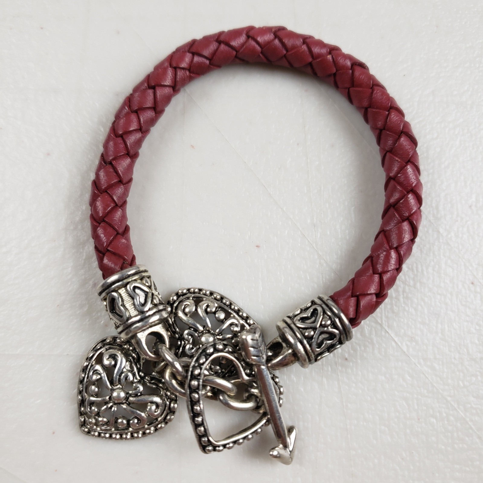 Burgundy Braided Leather Heart Charm Toggle Bracelet Silver Tone Filigree Boho
