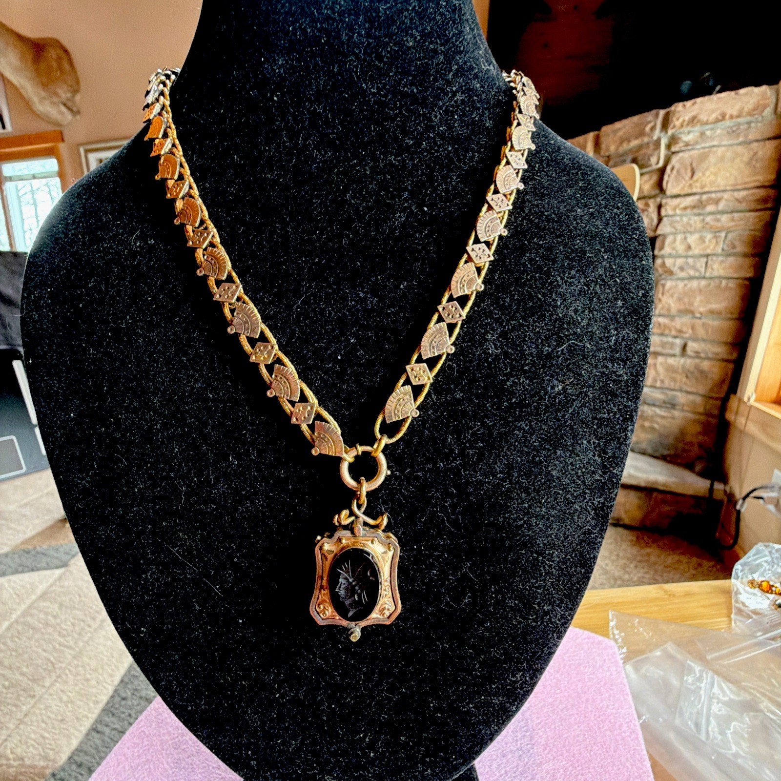 Victorian Etruscan 48g Gold Fill Book Chain Necklace Slide GF Locket Tiger Eye