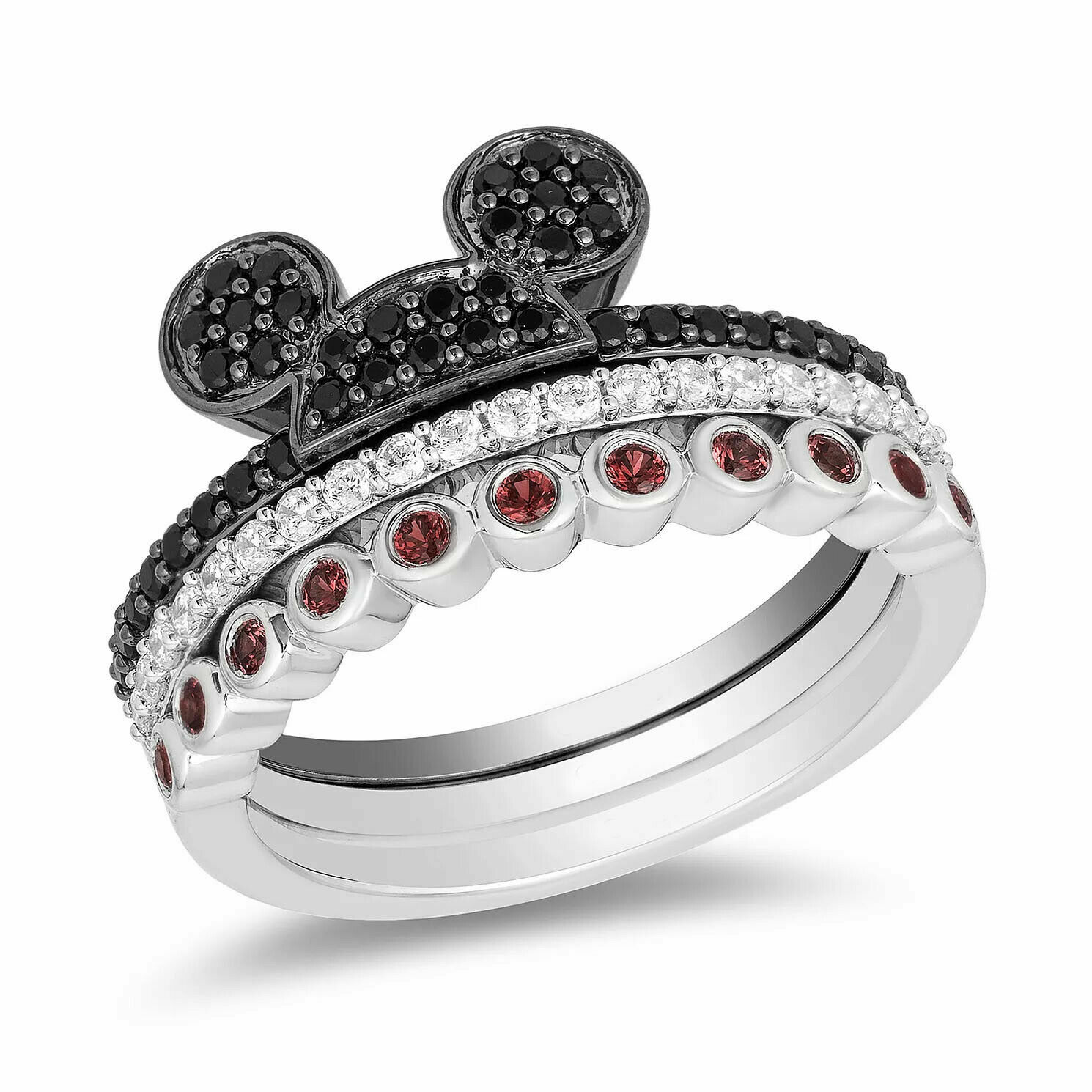 Mickey Mouse & Minnie Mouse Round Cut CZ Engagement Ring Set in Solid 925 Silver