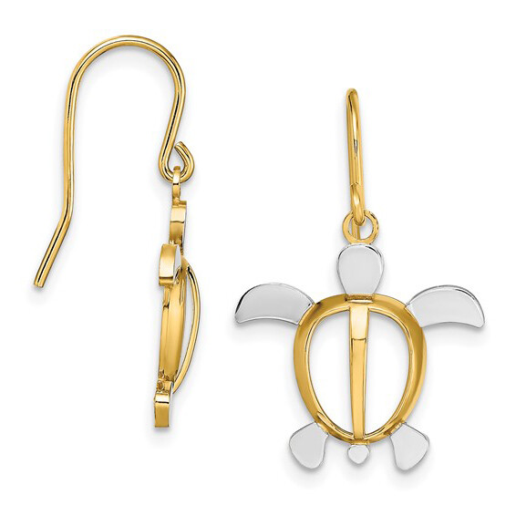 14k Yellow White 2 Tone Gold Dangle Dainty French Wire Drop Sea Turtle Earrings