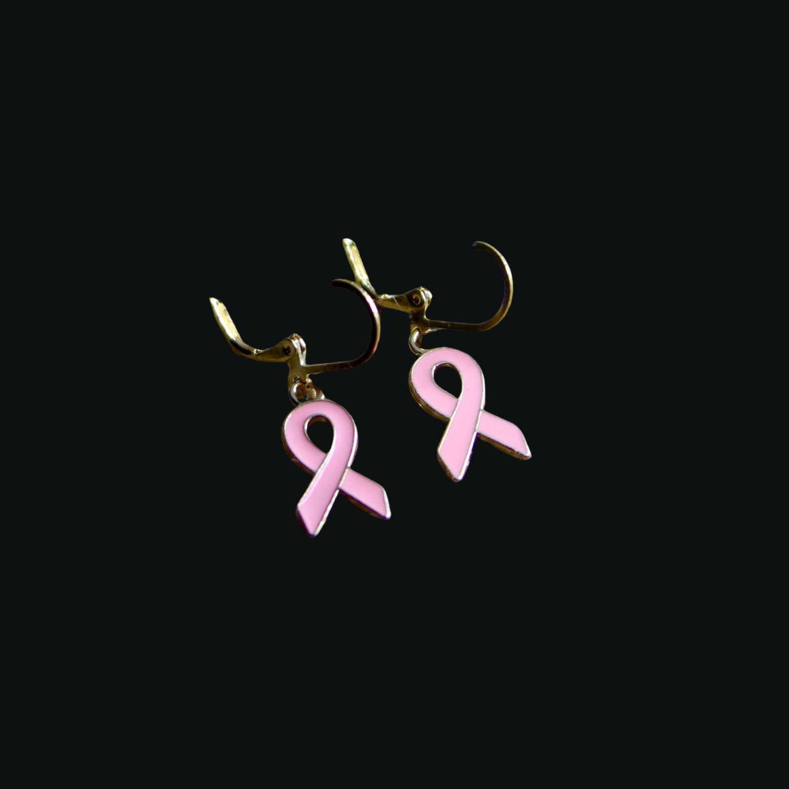 Breast Cancer Awareness Ribbon Earrings with Gold Trim & Lever back Closures