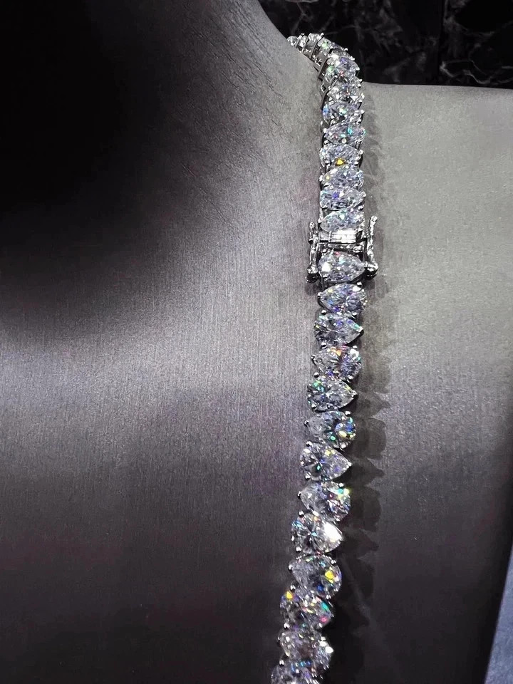 40TCW Pear Cut Lab Created Diamond Tennis Necklace 925 Sterling Silver 22in