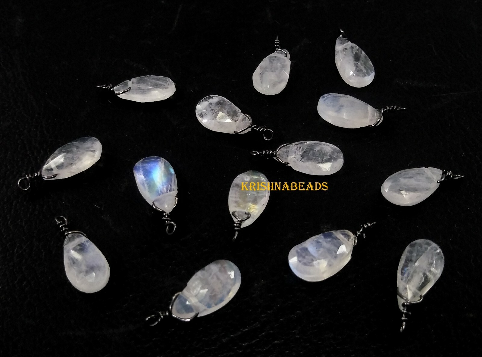 Natural Rainbow Moonstone Pear 6×9-6x10mm Beads Black Plated Wire Wrapped 25Pecs