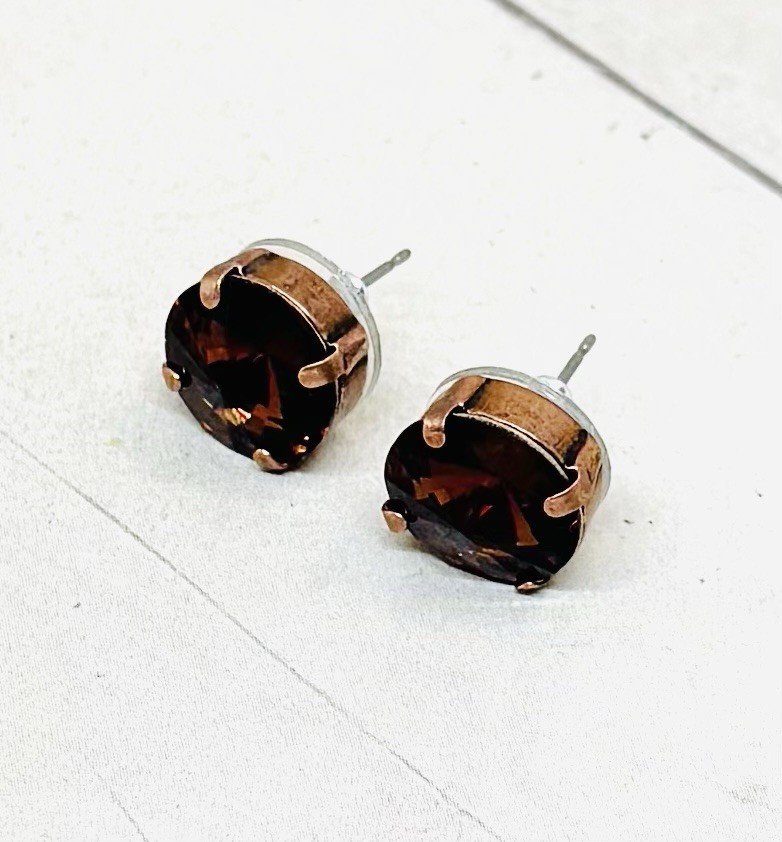 12mm Antique Copper Chocolate Brown Cup Chain Stud Earrings, Smoked Topaz Stones