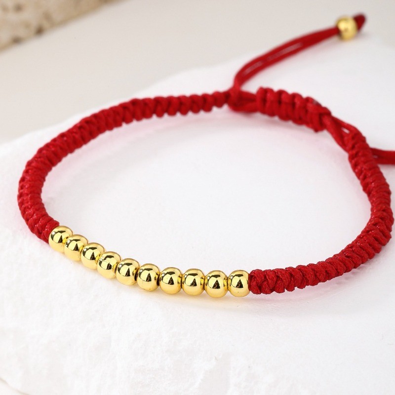 Lucky Golden Copper Round Bead Red Braided Rope Bracelet for Men and Women