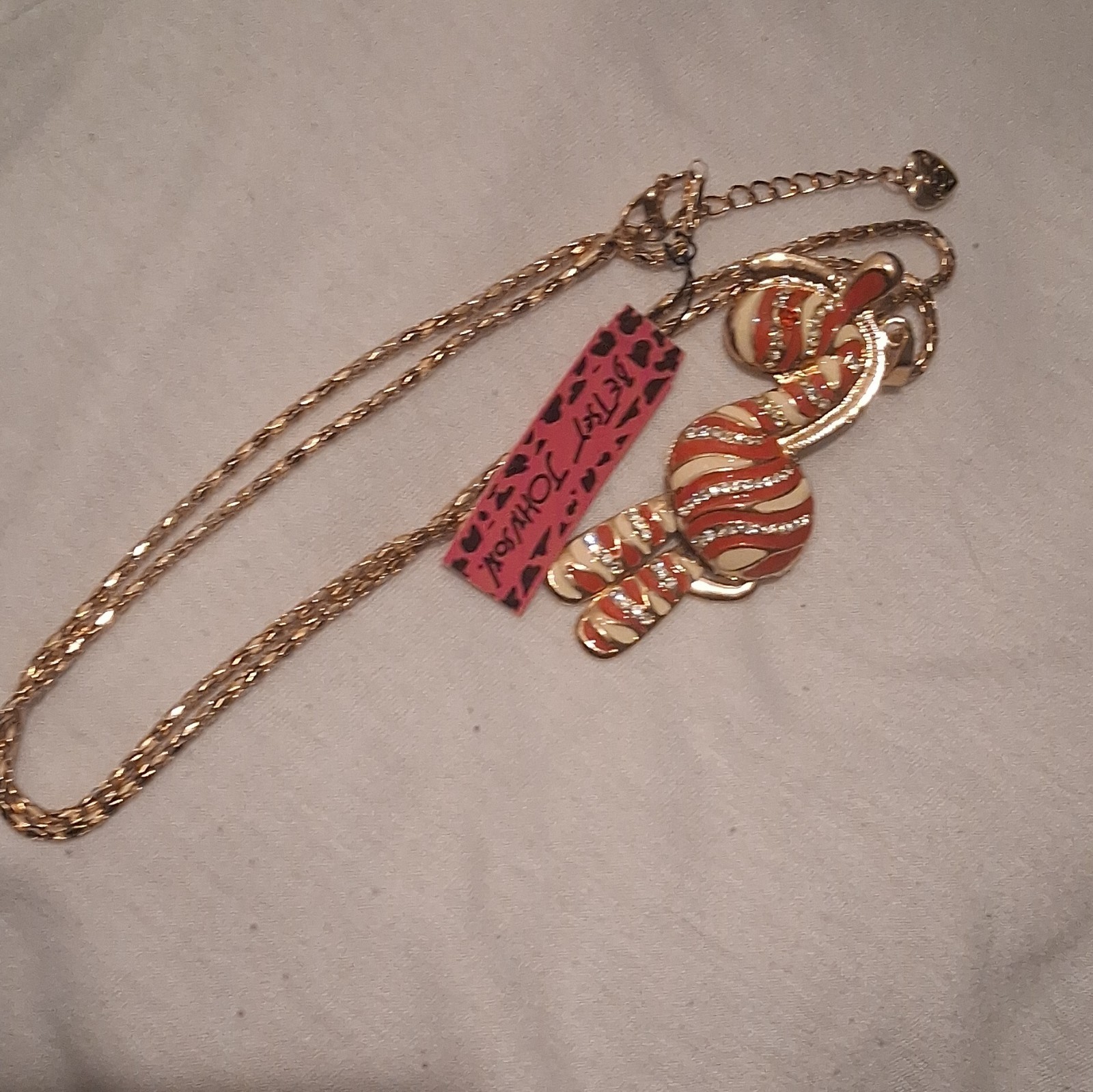 Betsey Johnson Gold Tone Red White Enamel Snake Charm Pendant Necklace Clear