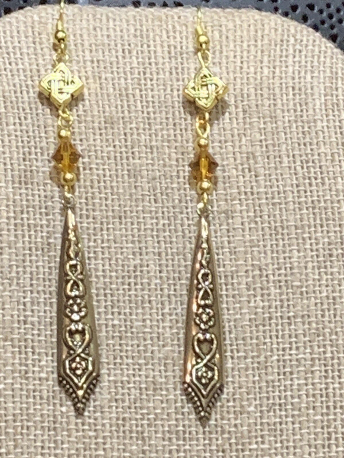 NEW ITEM* HANDCRAFTED VINTAGE EGYPTIAN REPOUSSE’ BRASS DROP & CRYSTAL EARRINGS