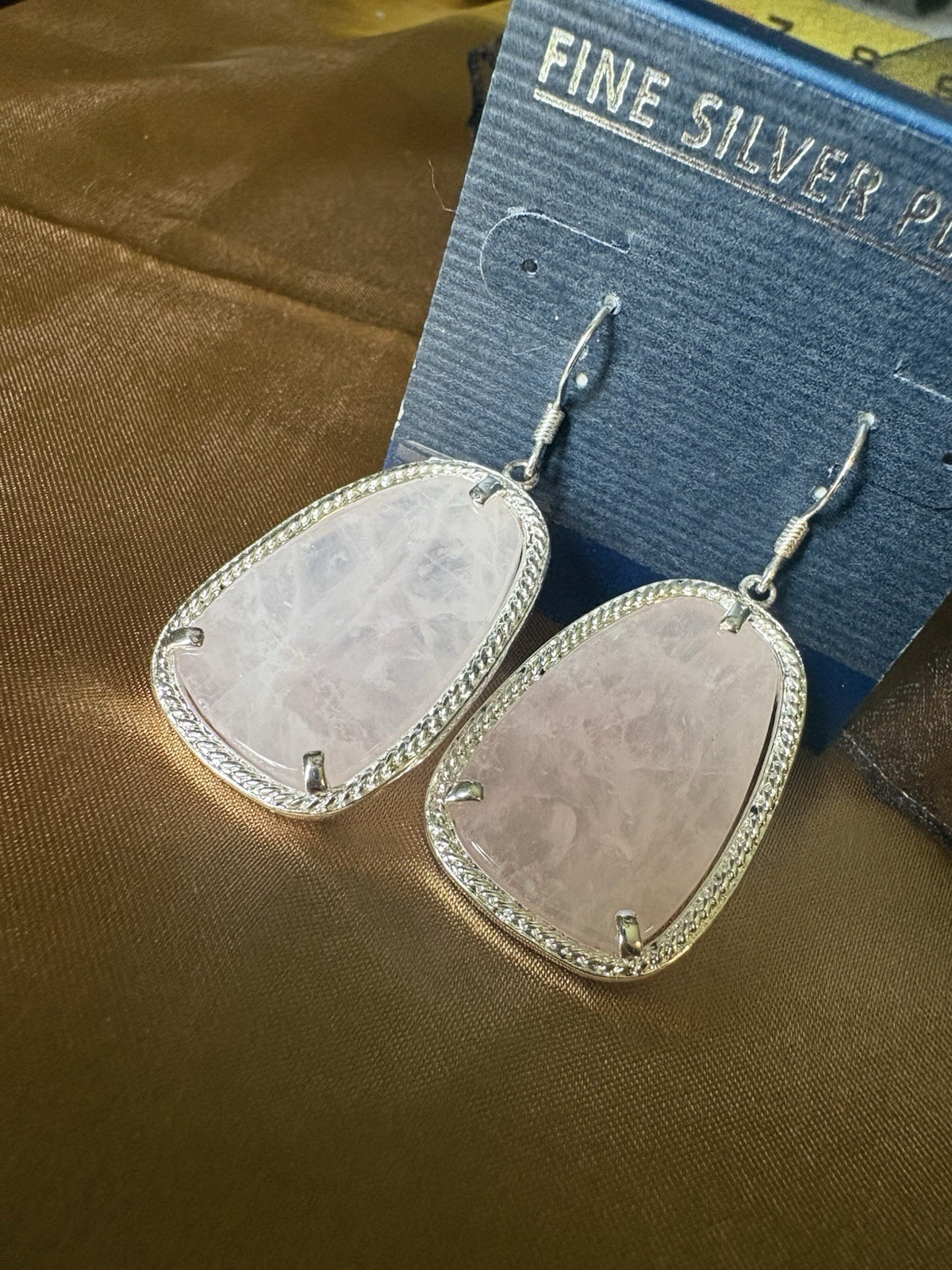 Fine Silver Plated Pink Rose Quartz Crystal Dangle Drop Hook Earrings
