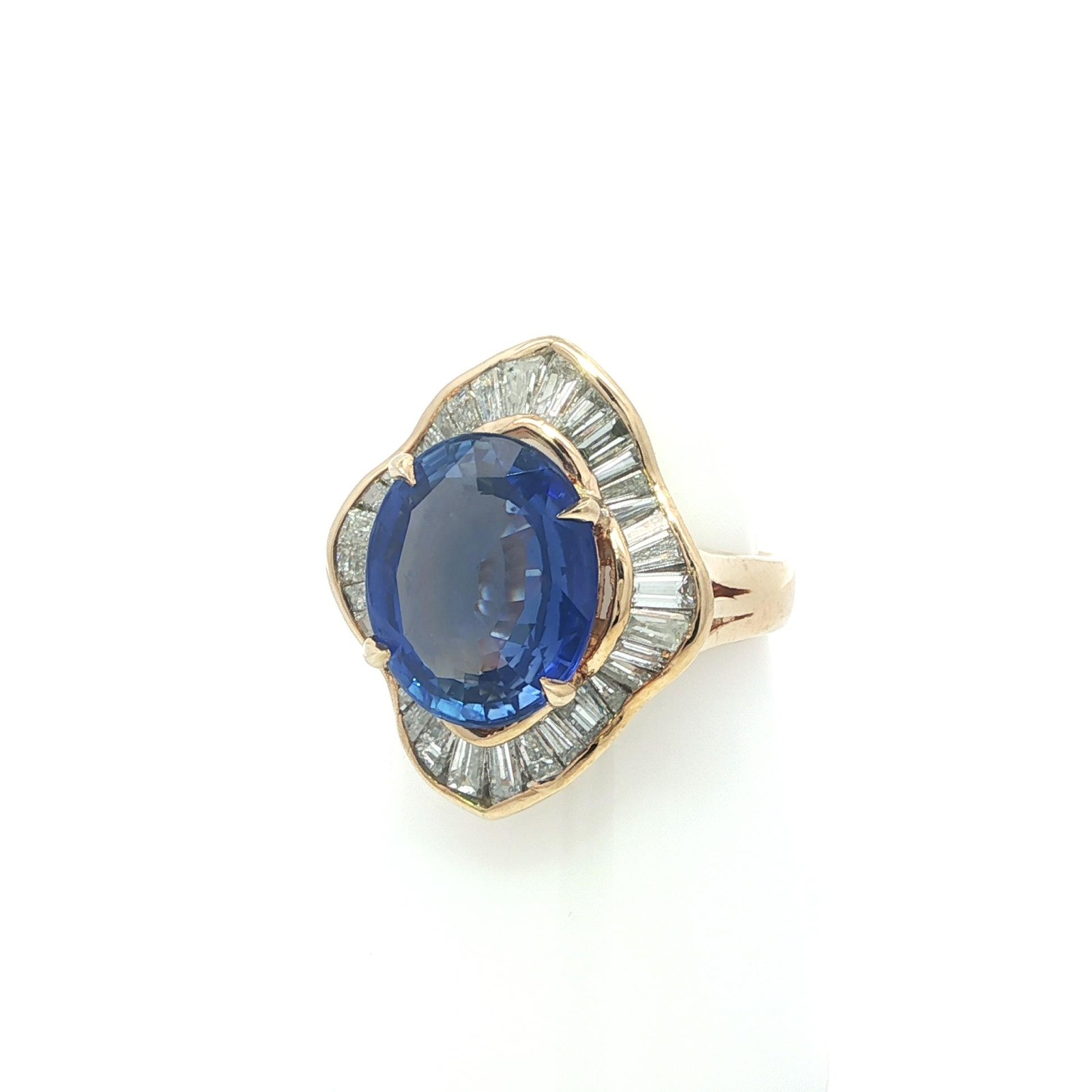 18k Yellow Gold 7.83ct GIA Large Oval Sapphire & Baguette Diamond Ballerina Ring