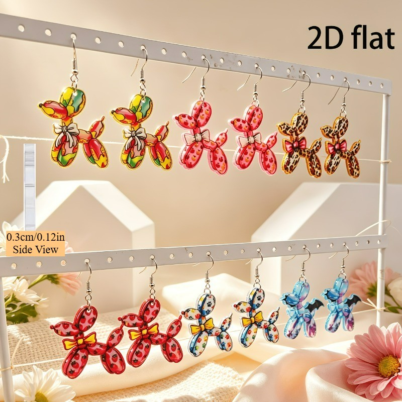 6 Pairs of Acrylic Colorful Printed Balloon Dog-shaped Bow Pendant Earrings