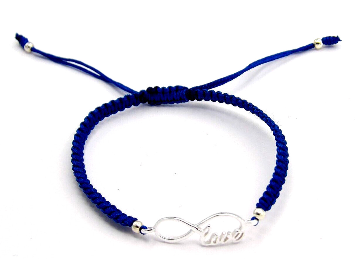 Hand made Solid .925 Sterling Silver Infinity Blue Cotton Braided Adjustable