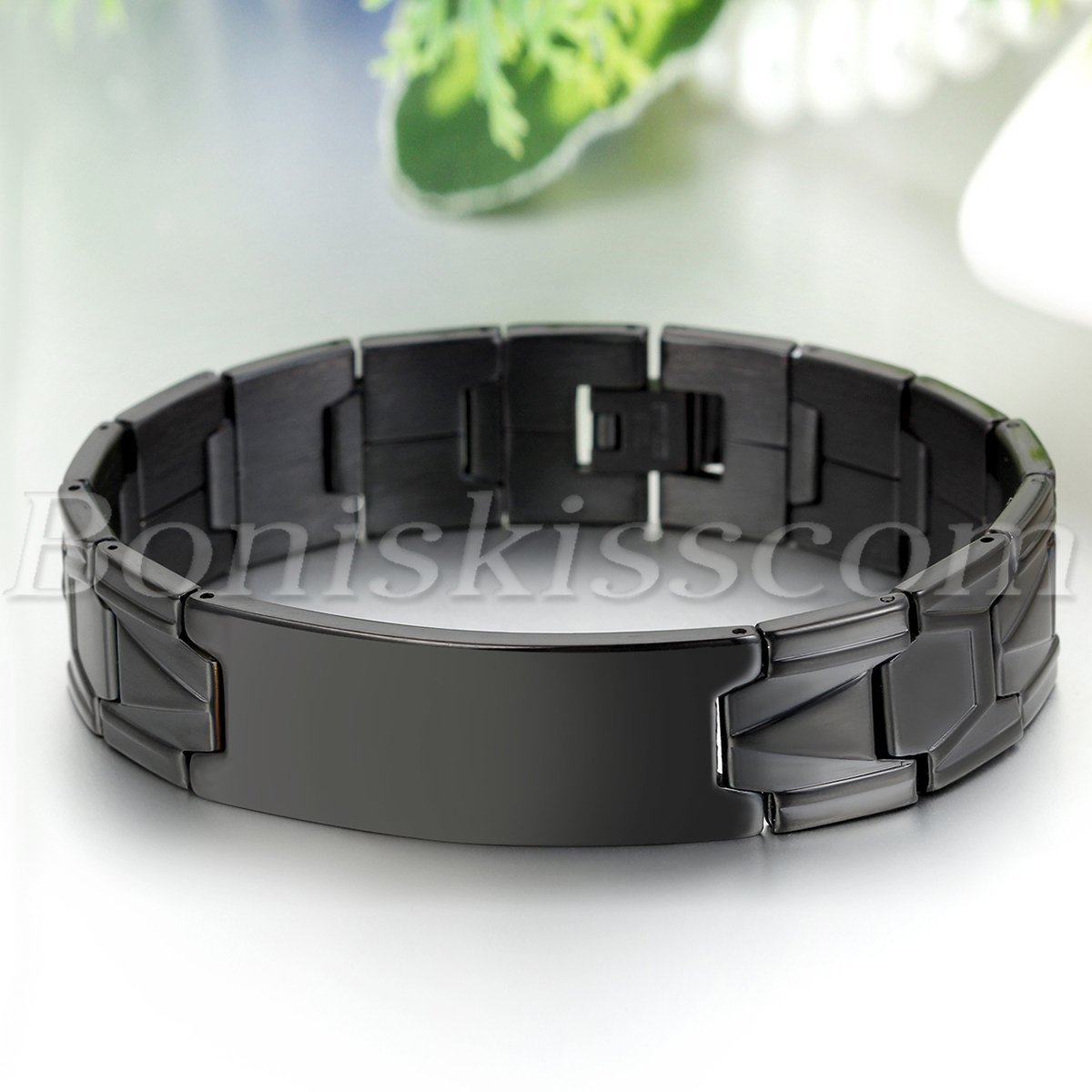 Fashion Polished Black Stainless Steel Mens Bracelet Chain Wrist Link Engravable