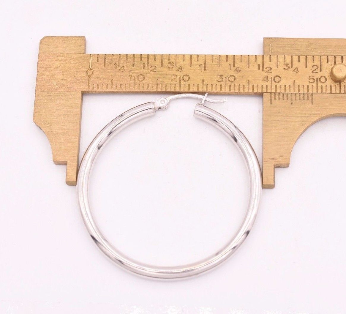 3mm X 40mm 1 1/2″ Plain Shiny Polished Round Hoop Earrings REAL 14K White Gold