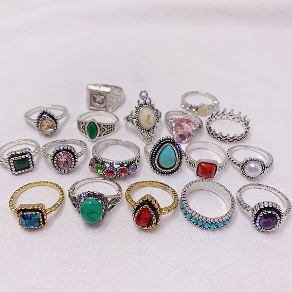 50pcs Bulk Lots Vintage Crystal Stone Mix Plated antique silver Jewelry Ring