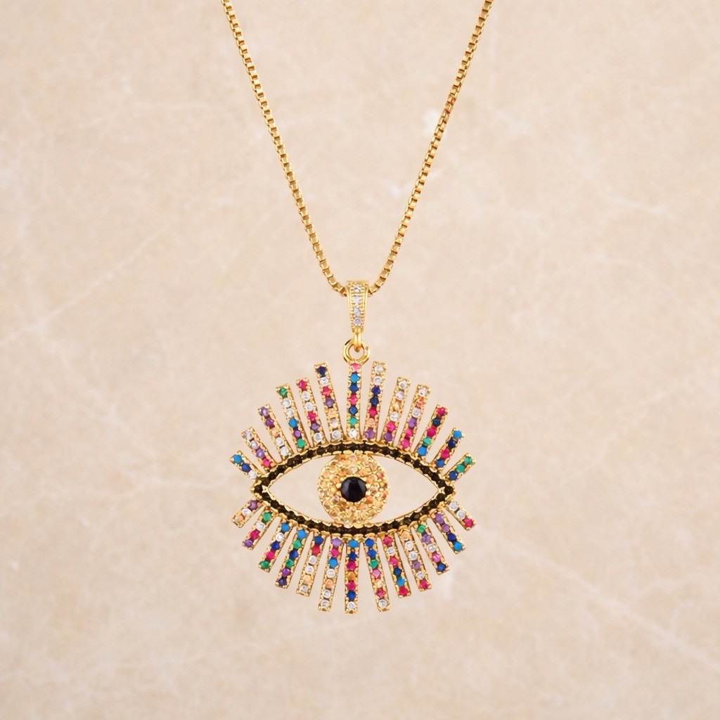 Gold Tone Multicolor Rhinestone Evil Eye Pendant Necklace