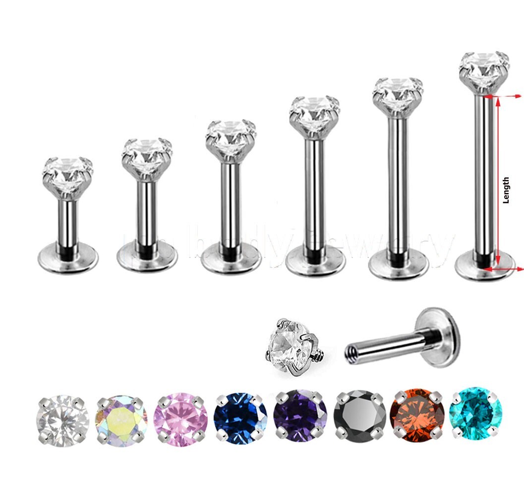 16G Surgical Steel Internally Threaded Prong Set CZ Tragus Labret Stud 1/4″-3/8″