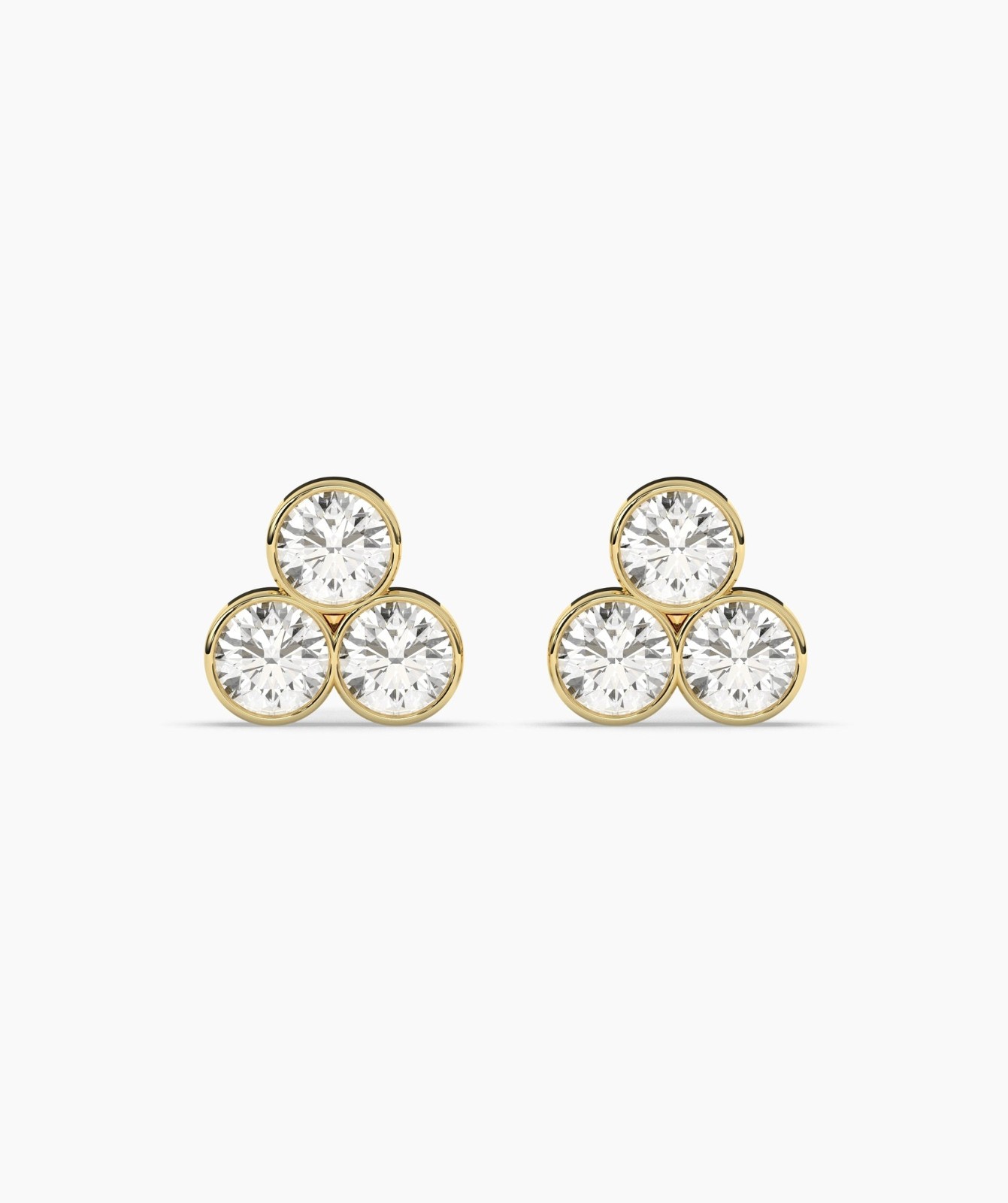 Round Cut Lab Grown Diamond 14K Solid Gold Dainty Trio Bezel Set Stud Earrings