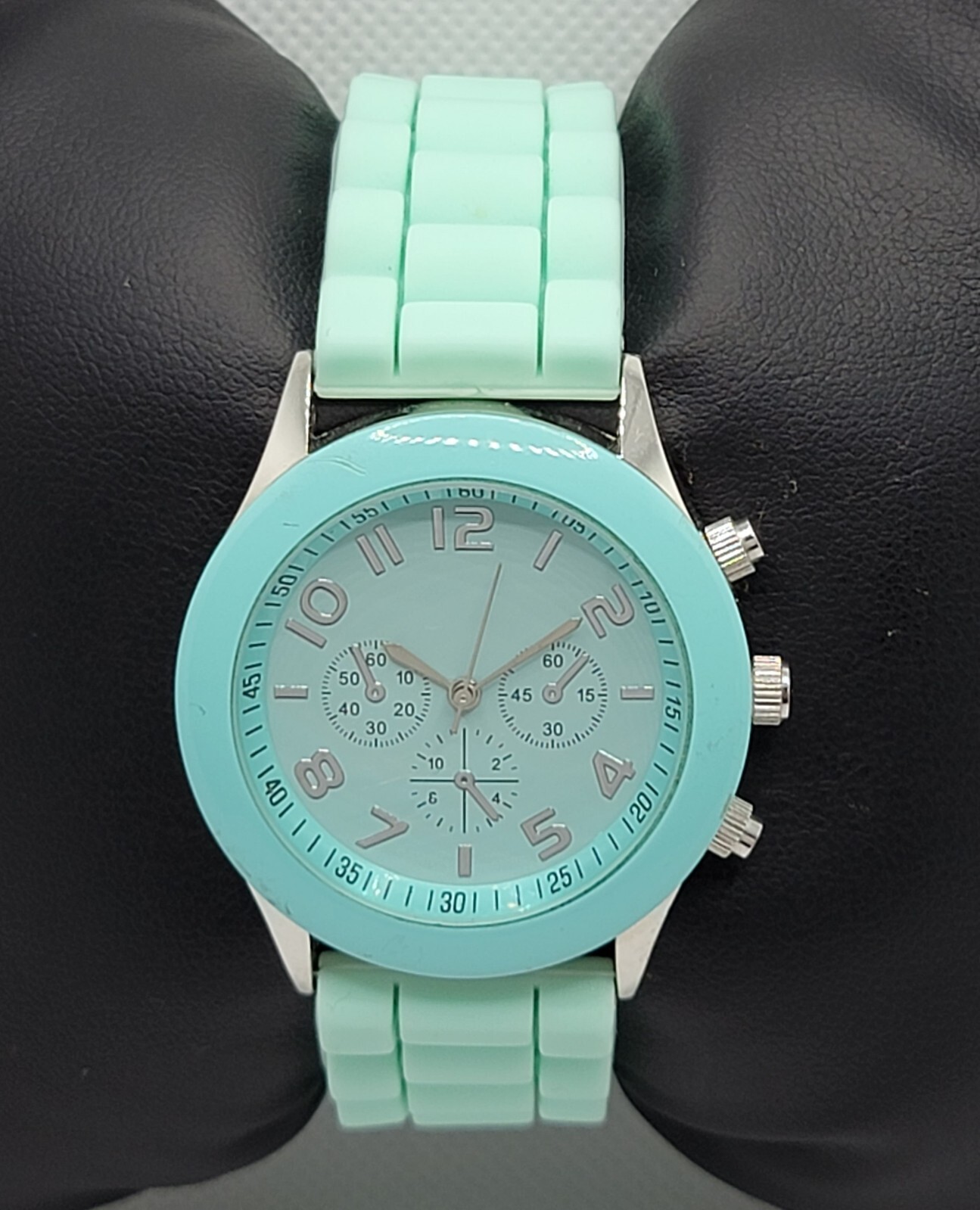 Ladies Darice Silver Tone Mint Green Poly Band Analog Watch F9